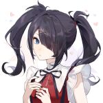  1girl ame-chan_(needy_girl_overdose) black_hair black_nails black_ribbon blue_eyes collared_shirt ershuihe hair_ornament hair_over_one_eye hair_tie hairclip hands_up heart long_hair looking_at_viewer multicolored_nails neck_ribbon needy_girl_overdose parted_lips pill red_nails red_shirt ribbon shirt solo suspenders twintails upper_body white_background x_hair_ornament 