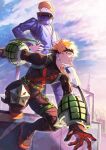  2boys backlighting bakugou_katsuki bangs_pinned_back belt best_jeanist black_footwear black_gloves black_pants blonde_hair blue_eyes blue_pants blue_shirt blue_sky blue_vest blurry blurry_background boku_no_hero_academia boots cloud cloudy_sky colored_shoe_soles combat_boots commentary_request covered_mouth day denim denim_vest depth_of_field diffraction_spikes explosive eye_mask foot_against_wall from_side gloves grenade hand_on_own_hip hand_on_railing hand_up headgear high_collar highres jeans kawaharaaisu knee_boots knee_pads leaning_forward light long_sleeves looking_ahead male_focus mask mask_on_head multiple_boys on_rooftop orange_gloves outdoors outstretched_arms pants parted_lips partial_commentary profile red_eyes sanpaku shirt short_hair sky snap-fit_buckle spiked_hair squatting standing sunlight teacher_and_student vest x 