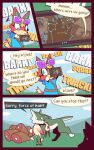  animal_crossing anthro audie_(animal_crossing) avian bird breath_of_the_wild clothed clothing comic dialogue english_text eyewear eyewear_on_head female food glasses glasses_on_head hi_res humor link_(wolf_form) male map meat nintendo onomatopoeia r-mk sheikah_slate sound_effects speech_bubble text the_legend_of_zelda upside_down x_eye x_eyes 