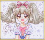  1girl aikatsu!_(series) aikatsu_on_parade! blush bow bowtie brown_eyes brown_hair hair_ribbon highres idol kiseki_raki long_hair open_mouth pink_bow pink_bowtie puffy_short_sleeves puffy_sleeves red_ribbon ribbon shirato_sayuri short_sleeves sidelocks smile solo twintails 