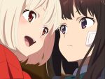  2girls bandaid bandaid_on_face black_hair blonde_hair blush close-up closed_mouth commentary_request ginnouchi inoue_takina long_hair lycoris_recoil microsoft_powerpoint_(medium) multiple_girls nishikigi_chisato open_mouth purple_eyes red_eyes short_hair teeth 