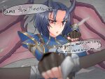  2023 armor arueshalae blue_armor breasts clothing demon demon_humanoid dialogue digital_media_(artwork) english_text female fingerless_gloves gloves handwear hi_res holding_bow_(weapon) holding_object holding_weapon horn humanoid looking_at_viewer massaq_oekaki membrane_(anatomy) membranous_wings not_furry open_mouth pathfinder pathfinder:_wrath_of_the_righteous red_eyes solo spread_wings text weapon wings 
