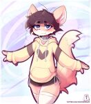  2023 anthro black_bottomwear black_clothing black_shorts bottomwear canid canine clothed clothing eyebrows fingers fully_clothed fur hair hi_res hoodie hoodie_(artist) legwear looking_at_viewer mammal shorts text thigh_highs topwear url yellow_clothing yellow_hoodie yellow_topwear 