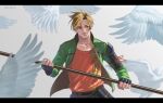  1boy bird bird_wings commentary_request feathered_wings fingerless_gloves gloves green_jacket highres holding holding_polearm holding_weapon jacket looking_down male_focus obonbom otegine polearm red_shirt shirt smile touken_ranbu twitter_username weapon white_background wings yellow_eyes 
