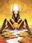  1983 anthro avian bird bovid bovine breasts cattle deity egyptian egyptian_mythology female hathor headgear headgear_only horn macro mammal middle_eastern_mythology mythology nipples philippe_caza simple_background sitting solo sun 