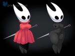  absurd_res anthro arachnid areola arthropod belly black_background black_nipples breasts clothed clothed/nude clothing curvy_female curvy_figure dark_body dress female female_focus genitals hands_behind_back hi_res hollow_knight hornet_(hollow_knight) mask melee_weapon navel nipples nude pussy red_clothing red_dress short_stack simple_background solo spider sword team_cherry thelordjoshua thick_thighs watermark weapon white_mask wide_hips 