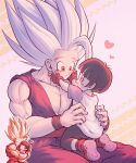  1boy 1girl :d :o ^_^ biceps black_hair black_pants black_wristband blunt_bangs blush blush_stickers boots brown_footwear brown_gloves child closed_eyes closed_mouth collarbone commentary_request dougi dragon_ball dragon_ball_super dragon_ball_super_super_hero eye_contact eyelashes father_and_daughter female_child fingerless_gloves gloves gohan_beast hands_up happy heart highres hug koukyouji looking_at_another muscular muscular_male open_mouth pan_(dragon_ball) pants pectorals red_eyes red_sash sash shirt short_hair short_sleeves simple_background sitting smile son_gohan spiked_hair t-shirt two-tone_background white_background white_hair white_shirt wristband 