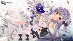  1girl azur_lane bare_shoulders black_ribbon blue_flower blush bouquet dress elbow_gloves flower gloves green_eyes hair_between_eyes hair_flower hair_ornament harunoibuki highres holding holding_bouquet horns long_hair looking_at_viewer official_art open_mouth pleated_dress purple_hair ribbon side_ponytail single_horn solo stuffed_unicorn thighhighs underwater unicorn_(azur_lane) white_dress white_gloves white_thighhighs 