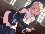  1girl bent_over black_thighhighs blonde_hair blue_eyes blush boris_(noborhys) breasts church cleavage day hand_in_own_hair headpiece highres indoors kneeling large_breasts long_hair looking_at_viewer nun open_mouth original smile thighhighs 