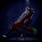  2019 anthro black_ears black_nose black_sclera canid canine chair digitigrade flashdance fox fur furniture gloves_(marking) green_eyes green_inner_ear green_tail_tip hi_res leaning leaning_back leg_markings male mammal markings nordwolfe on_chair parody red_body red_fur side_view socks_(marking) solo string victor_johansen water wet wet_body 