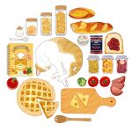  animal_focus apple apricot_(fruit) baguette book bread brussels_sprout cat cheese circle_formation cookbook dried_fruit food food_focus fork fruit ham jam jar lemon lemon_slice looking_at_viewer lying no_humans olive orange_(fruit) orange_slice original pasta pie pie_slice simple_background slothm22 spoon sugar_bowl sugar_cube toast tomato tray white_background wooden_fork wooden_tray 