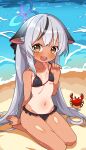  1girl absurdres alternate_costume animal_ears beach bikini blue_archive blush breasts brown_eyes collarbone crab grey_hair hair_between_eyes halo highres kokona_(blue_archive) looking_at_viewer navel ocean open_mouth sand seiza sitting small_breasts solo swimsuit tan tanlines zara_(artist) 