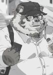  2023 absurd_res anthro belly big_belly cellphone clothing cute_fangs eyewear felid glasses hat headgear headwear hi_res kemono male mammal outside overweight overweight_male pantherine phone shirt smartphone solo tachiuo topwear 