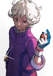  1boy ahoge bede_(pokemon) bite_addict blonde_hair closed_mouth coat commentary_request curly_hair dynamax_band gloves grey_eyes hand_up highres holding holding_poke_ball male_focus poke_ball poke_ball_(basic) pokemon pokemon_(game) pokemon_swsh purple_coat shirt short_hair simple_background single_glove smile solo split_mouth watch white_background white_shirt wristwatch 