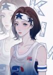  1girl absurdres aespa armband basketball_jersey black_camisole blue_eyes blush brown_hair camisole chinese_commentary collarbone grey_tank_top headband highres k-pop looking_at_viewer mole mole_under_eye parted_lips real_life short_hair sogcho17 solo tank_top white_headband winter_(aespa) zoom_layer 