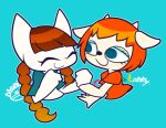  2girls animal_ears blue_background braid brown_hair cat_ears character_name closed_eyes closed_mouth crossover dot_nose eyelashes eyeshadow furry furry_female green_shirt holding_hands horns lammy_(um_jammer_lammy) makeup multiple_girls nyami_(pop&#039;n_music) orange_eyes orange_hair pop&#039;n_music shirt smile suyasuyasue twin_braids um_jammer_lammy 