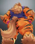  absurd_res anthro arcanine arm_tuft big_butt big_muscles bottomless butt canid clothed clothing elbow_tuft fur generation_1_pokemon hair hands_on_hips hi_res huge_butt low-angle_view male mammal muscular muscular_anthro muscular_male muscular_thighs nintendo orange_body orange_fur pokemon pokemon_(species) rear_view shirt solo steen tank_top thick_thighs topwear tuft 