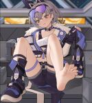  1girl barefoot belt black_gloves boots boots_removed breasts detached_collar eyewear_on_head fingerless_gloves fur_trim gloves grey_eyes grey_hair hair_ornament hairclip honkai:_star_rail honkai_(series) jacket shorts silver_wolf_(honkai:_star_rail) sitting solo sunglasses xssh 