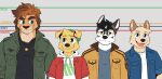  anjing_kampuss anthro blue_eyes brown_hair canid canine canis clothed clothing countershade_face countershade_neck countershading daniel_(anjing_kampuss) domestic_dog eyebrows felid floppy_ears green_eyes grey_(anjing_kampuss) group hair hi_res inner_ear_fluff joseph_(anjing_kampuss) lion male mammal open_mouth open_smile pantherine raja_(anjing_kampuss) smile tuft whiskers 