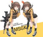  2girls absurdres assault_rifle blush brown_hair camouflage_gloves fang gun hair_between_eyes handgun highres hood hoodie k0ng leaning_forward looking_at_viewer mesugaki multiple_girls open_mouth orange_eyes original ribbon rifle shoes short_hair siblings side_ponytail smile smug sneakers socks suppressor twins weapon weapon_request 