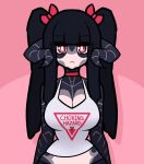  accessory big_breasts black_hair bow_ribbon breasts cleavage clothed clothing female hair hair_accessory hair_bow hair_ribbon horn horned_humanoid humanoid limebreaker looking_at_viewer pigtails red_eyes ribbons solo text text_on_clothing text_on_topwear topwear wide_hips 