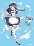  1girl :d absurdres alternate_costume apron black_dress black_footwear black_hair blue_background blue_eyes blush commentary dawn_(pokemon) dress enmaided eyelashes frills glass hair_ornament hairclip hands_up highres holding holding_tray long_hair looking_at_viewer maid maid_headdress mr.thunderigor open_mouth piplup pokemon pokemon_(anime) pokemon_dppt_(anime) puffy_sleeves shoes short_sleeves sidelocks smile sparkle symbol-only_commentary thighhighs tray w_arms watermark white_apron white_thighhighs 