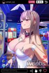  animal_ears arcade breasts cleavage goddess_of_victory:_nikke large_breasts licking licking_lips phone_screen playboy_bunny rabbit_ears spiz streamers tongue tongue_out viper_(nikke) 