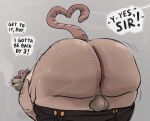  2023 anthro backsack balls bearafterall big_butt bodily_fluids bottomwear bottomwear_down butt clothed clothing dialogue english_text genitals hat headgear headwear hi_res male mammal mature_male murid murine musk overweight overweight_male pants pants_down partially_clothed rat rodent simple_background smoking solo sweat text toni_(bearafterall) 