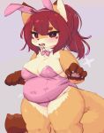  4_ears 4_fingers absurd_res accessory anthro belly big_belly big_breasts blush bow_(feature) bow_tie breasts brown_body brown_fur bunny_costume camel_toe canid canine canis claws cleavage clothed clothing costume digital_media_(artwork) eigetsu fake_ears fake_rabbit_ears female fingers fox fur hair hair_accessory hi_res leotard long_hair looking_at_viewer mammal multi_ear navel_outline open_mouth orange_body orange_fur overweight pawpads pink_clothing pink_leotard pink_pawpads red_eyes red_hair simple_background solo tail tan_body tan_fur teeth thick_thighs tight_clothing tongue topwear wide_hips 