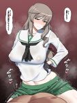  1boy 1girl black_neckerchief blush brown_hair clothed_female_nude_male covered_nipples cowgirl_position girls_und_panzer girls_und_panzer_senshadou_daisakusen! gloves hands_on_own_hips hetero highres long_hair mature_female metal_man10 midriff_peek navel neckerchief no_bra nude ooarai_school_uniform school_uniform see-through serafuku sex shimada_chiyo skirt smile solo_focus straddling vaginal 