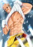  1boy abs absurdres bara bare_pectorals beard beard_stubble blue_eyes brown_hair come_hither facial_hair foreplay from_below gyee highres katou_shinobu large_pectorals lifted_by_self looking_at_viewer male_focus mature_male muscular muscular_male navel nipples orange_hair overalls pectorals rand_(gyee) seductive_smile short_hair smile solo stomach thick_eyebrows veiny_crotch 