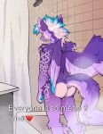  acai_(kariacai) anthro bathing bathtub big_butt blue_claws blue_paws butt butt_heart claws dragon duskihorns everyone_is_so_mean_to_me fur furred_dragon hair hi_res highlights_(coloring) male markings purple_body purple_fur purple_tail purple_wings shower_curtain shower_head showering solo tail tile tile_wall wall_(structure) white_body white_fur white_hair white_markings wings 