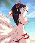  anthro beach big_breasts big_butt big_tail bikini black_hair breasts butt canid canine clothed clothing digital_media_(artwork) dipstick_limbs female fur fuvi glistening hair hand_on_head hi_res huge_breasts long_hair looking_at_viewer looking_back mammal nipples outside rear_view seaside sky smile solo striped_body striped_fur stripes swimwear tail teeth thick_thighs tuft white_body white_fur 