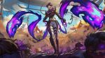  2girls 5boys belt black_pants blonde_hair boots breasts brown_jacket claws cleavage day evelynn_(league_of_legends) highres house jacket knee_boots large_breasts league_of_legends multiple_boys multiple_girls navel official_art outdoors pants pink_headwear short_hair smile solo_focus soul_fighter_evelynn standing white_pants 