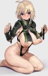  1girl antenna_hair areola_slip arm_guards armor barefoot bikini_armor blonde_hair blush breasts cleavage feet gauntlets grey_background hands_up high_collar highres holding huge_breasts j2m_raiden_(personification) legs looking_at_viewer mc_axis messy_(efuya) navel nipples o-ring original parted_lips pauldrons personification puffy_nipples purple_eyes short_hair shoulder_armor simple_background solo thighs thong zipper 