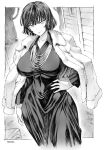  1girl blunt_bangs blunt_ends breasts coat coat_on_shoulders collarbone collared_dress cowboy_shot dress earrings fubuki_(one-punch_man) fur_coat greyscale hand_on_own_hip highres jewelry large_breasts long_sleeves looking_at_viewer mogudan monochrome one-punch_man parted_lips short_hair solo 