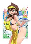  1girl amano_megumi amano_megumi_wa_suki_darake! apron aqua_eyes arched_back artist_name bikini bow bow_bikini breasts brown_hair cleavage cloud eating fang food framed hair_over_shoulder holding holding_ice_cream holding_plate holding_spoon ice_cream large_breasts long_hair looking_at_viewer low_twintails nekoguchi official_art open_mouth palm_tree plate shiny_skin signature sky solo spoon striped striped_bikini swimsuit thick_thighs thighs tree twintails visor_cap white_bow yellow_apron 