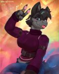  abstract_background anthro blep bottomwear clothed clothing female gesture hi_res mamagen mrjairorate pants solo sweater tongue tongue_out topwear v_sign 