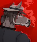  anthro artist_name brown_body brown_eyes brown_hair bust_portrait cigarette cigarette_in_mouth clothed clothing equid equine glistening glistening_eyes grey_clothing grey_topwear hair hat headgear headwear hi_res horse huskii-s looking_at_viewer looking_back looking_back_at_viewer male mammal narrowed_eyes object_in_mouth portrait red_background red_sclera simple_background smoke smoking solo topwear 