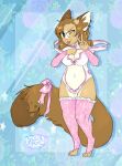  anthro blep bow_ribbon breasts cleavage clothed clothing costume domestic_cat ear_piercing felid feline felis female fluffy fluffy_tail freckles gesture legwear leotard levi_kyros looking_at_viewer mammal navel one_eye_closed piercing ribbons solo sourmagic tail thick_thighs thigh_highs tongue tongue_out v_sign valta wink winking_at_viewer 