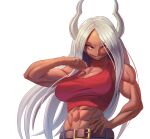  1girl abs animal_ears belt boku_no_hero_academia breasts cleavage dark_skin denim hand_on_own_hip highres jeans long_eyelashes long_hair looking_at_viewer mirko mr_cheesedong muscular muscular_female pants rabbit_ears red_eyes solo white_background white_hair 