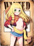  1girl blonde_hair breasts clenched_hand cosplay green_eyes hands_on_own_hips hat highres kinocopro lillie_(pokemon) long_hair monkey_d._luffy monkey_d._luffy_(cosplay) pokemon sideboob straw_hat wanted 