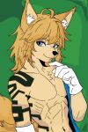  2:3 alternate_species anthro blonde_hair blue_eyes canid canine canis clothed clothing digital_media_(artwork) fokkuzu fur gloves hair handwear link male mammal markings nintendo simple_background smile solo tail the_legend_of_zelda wolf yellow_body yellow_fur yellow_tail 