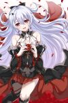  1girl :d asymmetrical_legwear bare_shoulders bat_hair_ornament black_bow black_dress bow breasts cleavage detached_sleeves dress earrings fang fangs flower frills hair_between_eyes hair_bow hair_ornament highres holding honkai_(series) honkai_impact_3rd jewelry long_hair long_sleeves looking_at_viewer luna_(honkai_impact) open_mouth petals red_eyes red_flower red_rose rose rose_petals single_thighhigh smile solo theresa_apocalypse theresa_apocalypse_(luna_kindred) theresa_apocalypse_(lunar_vow:_crimson_love) thighhighs ufotram vampire white_hair 