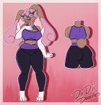  anthro big_breasts blissey breasts brown_body brown_fur clothed clothing diidiidoodles eyebrows eyewear female fur generation_2_pokemon generation_4_pokemon glasses gym_clothing hair hand_on_breast hi_res hybrid lopunny melissa_(sparkingyagi) model_sheet nintendo pink_hair pokemon pokemon_(species) purple_eyes shiny_pokemon smile solo 