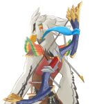  anthro armor avian bird braided_pseudo_hair feathers great_eagle_bow looking_at_viewer male nintendo rear_view rito scarf sheep_riritoto simple_background solo teba_(tloz) the_legend_of_zelda white_background white_body white_feathers yellow_eyes 