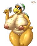  absurd_res anthro areola big_breasts blue_eyes blush bodily_fluids breasts female genitals hammer_bro headgear hi_res hirurux koopa looking_at_viewer mario_bros nintendo nipples nude open_mouth pussy reptile scalie shell simple_background smile solo sweat sweaty_breasts sweaty_legs 