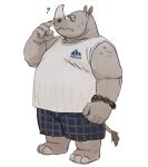  2023 absurd_res anthro bodily_fluids bottomwear clothing eyewear glasses hi_res huynhduyad14 kemono male mammal musclegut overweight overweight_male question_mark rhinoceros shirt shorts simple_background solo sweat topwear white_background 