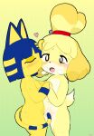  &lt;3 absurd_res animal_crossing ankha_(animal_crossing) anthro blush blush_stickers bodily_fluids canid canine canis chio convenient_censorship domestic_cat domestic_dog duo eyes_closed felid feline felis female female/female hi_res isabelle_(animal_crossing) kissing mammal nintendo open_mouth questionable_consent saliva saliva_on_tongue saliva_string simple_background standing steam sweat tears tongue tongue_out 