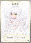  1girl bangs bare_shoulders blush bow braid copyright_request dress english_text feathered_wings frilled_dress frills hair_bow hands_up highres long_hair looking_at_viewer open_mouth shikito sleeveless sleeveless_dress solo star_(symbol) very_long_hair white_bow white_dress white_hair white_wings wings wrist_cuffs yellow_eyes 